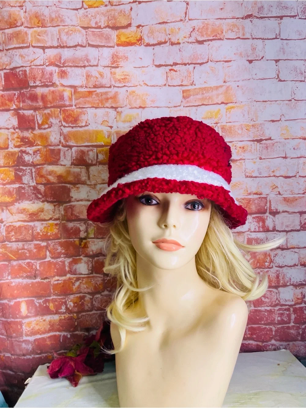 Holiday Time Red and White Fuzzy Ponytail Bucket Hat Hat